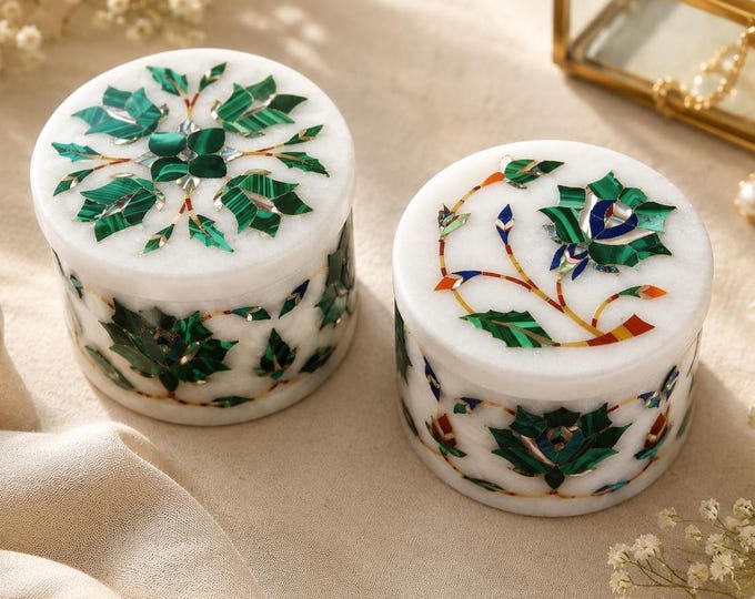 White Marble Malachite Inlay Jewelry Box – Handcrafted Indian Artistry (Set of 2)