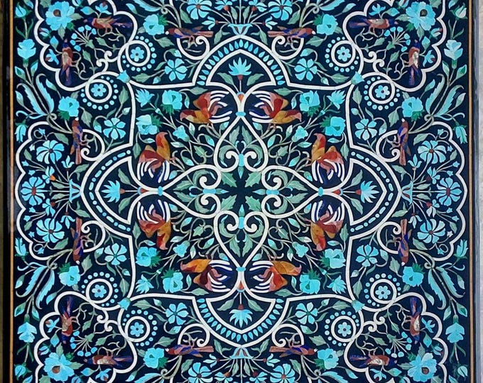 Black Marble Inlay Table Top: Handmade Pietra Dura Mughal Art