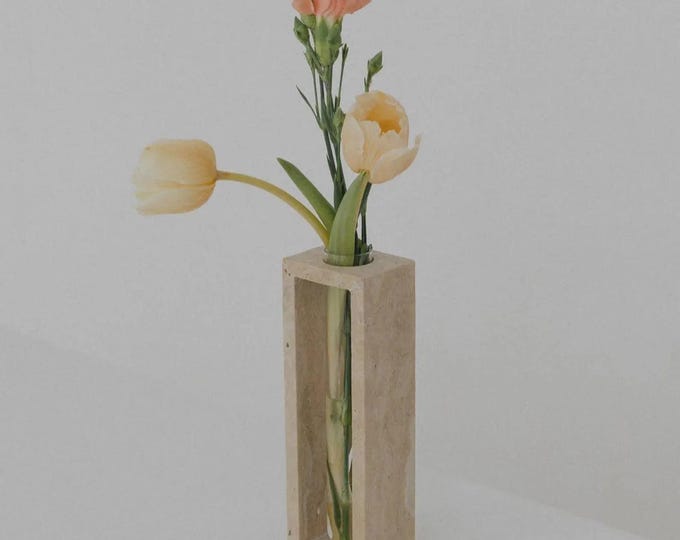 Travertine Bud Vase, Minimalist Stone Vase with Glass Insert