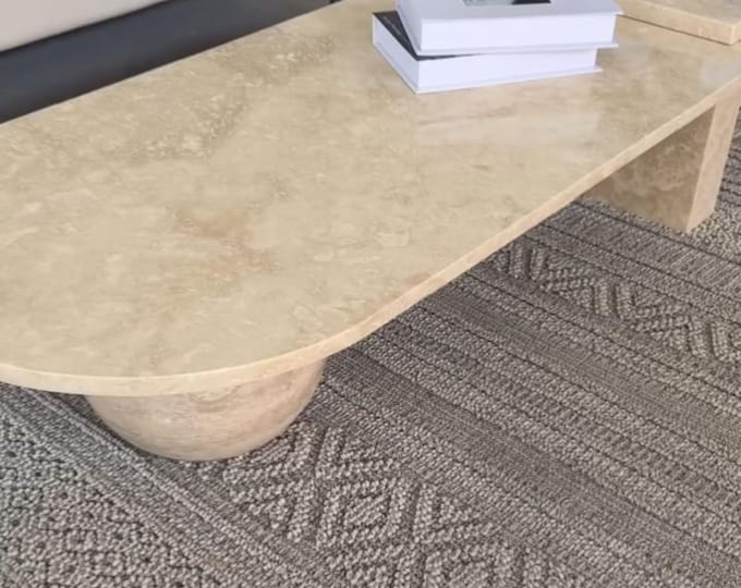 Handmade Travertine Coffee Table Modern Oval Sculpture, Sculptural Neutral Home Decor