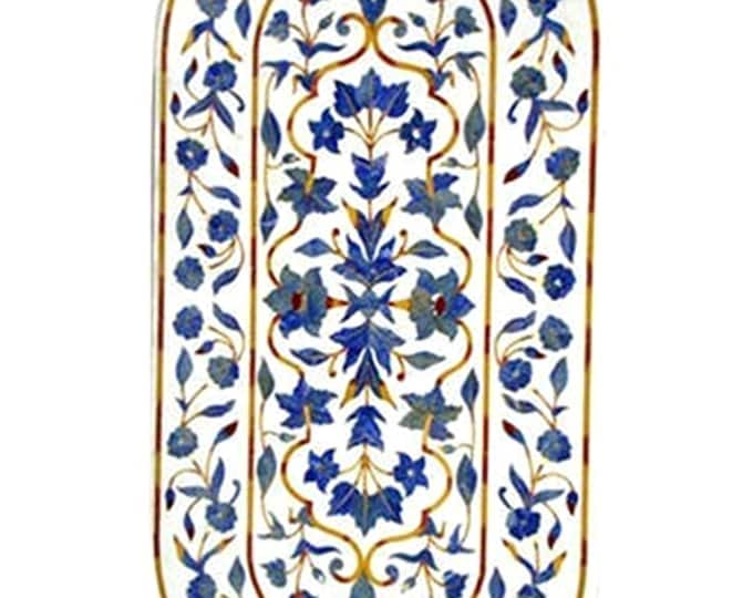 Luxury Oval Marble Table Top with Blue Floral Gemstone Inlay