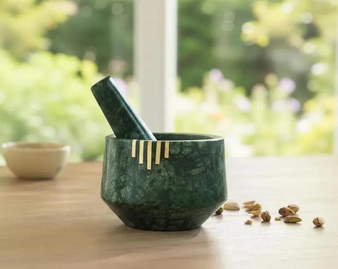 Green Marble Mortar and Pestle with Brass Accent – Luxury Stone Spice Grinder
