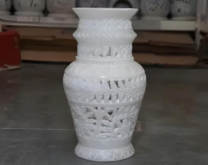 Hand Carved White Stone Vase – Intricate Floral Relief Decorative Vase