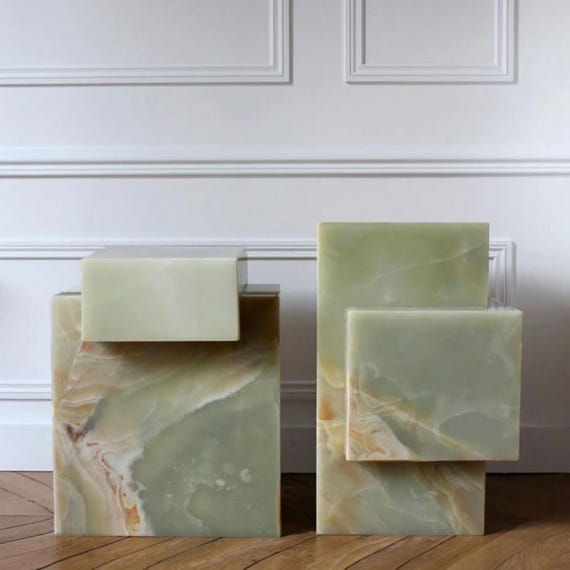 Handmade Green & Pink Onyx Table: Modern Accent Plinth, Bedside Table
