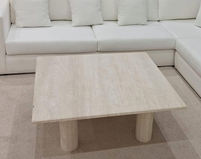 Travertine Square Marble Coffee Table with Round Slat Marble Legs