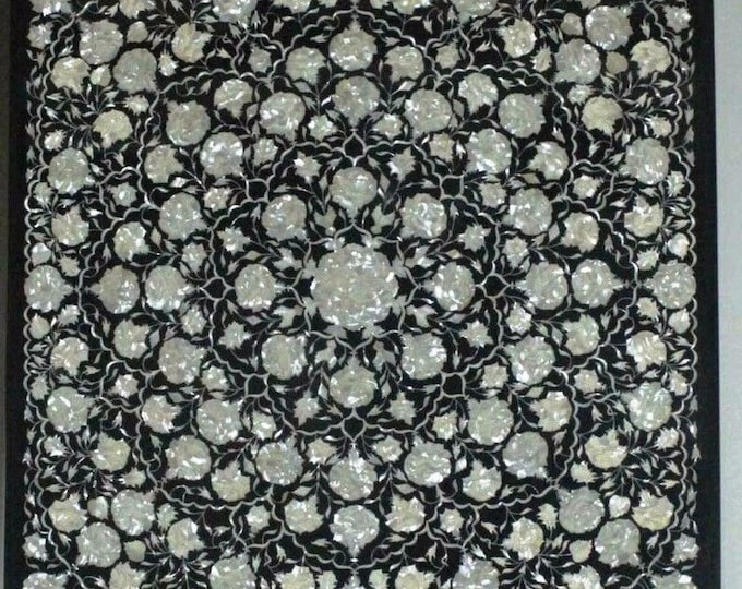 Handmade Black Marble Inlay Panel, Floral Mother of Pearl Pietra Dura Table Top