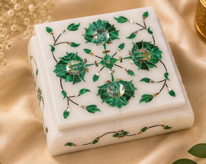 Marble Jewelry Box Inlay Art Malachite Semi Precious Stone Pietra Dura Handmade Home Decor