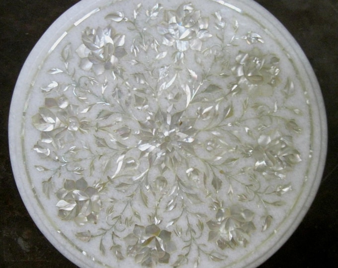 Handmade White Marble Round Table Top with Mother of Pearl Floral Inlay