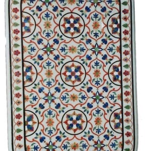 White Marble Dining Table Top: Pietradura Mosaic Inlay (48 x 24 Inches)