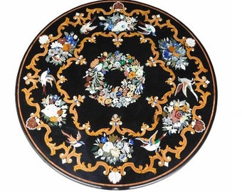 Black Marble Center Dining Table Top Semi Precious Stones Pietra Dura Handmade Work Inlay Home Decor