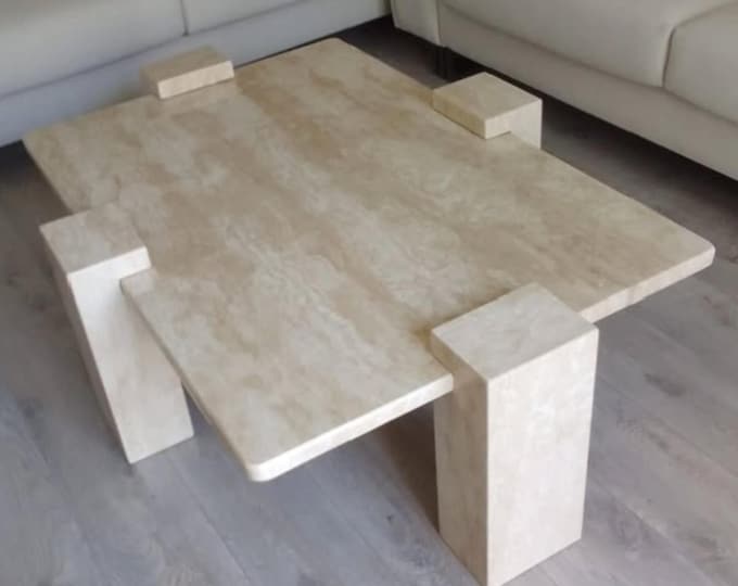 Handcrafted Travertine Marble Coffee Table Minimalist Block-Leg Design