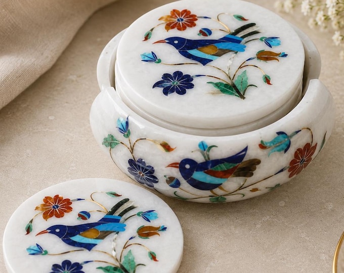 Handmade Marble Bird Coaster Set with Holder | Floral Inlay Stone Drink Coasters