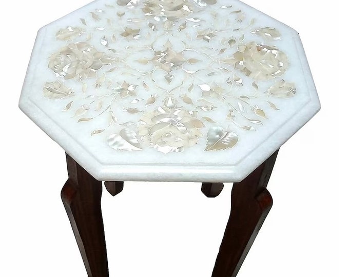 Marble Corner Table Top Semi Precious Stone Inlay Handicraft Art With Wooden Stand