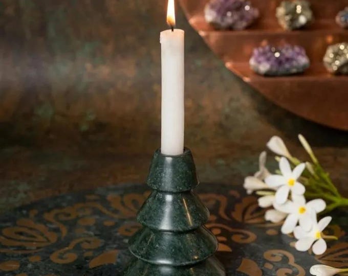 Green Marble Taper Candle Holder, Sculptural Stone Candlestick