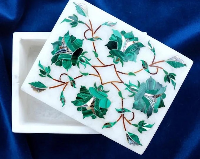 Handcrafted Malachite Inlay Marble Jewelry Box – White Stone Trinket Box