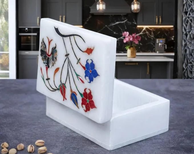 Handmade Marble Inlay Jewelry Box | Multicolor Floral Pietra Dura Trinket Box