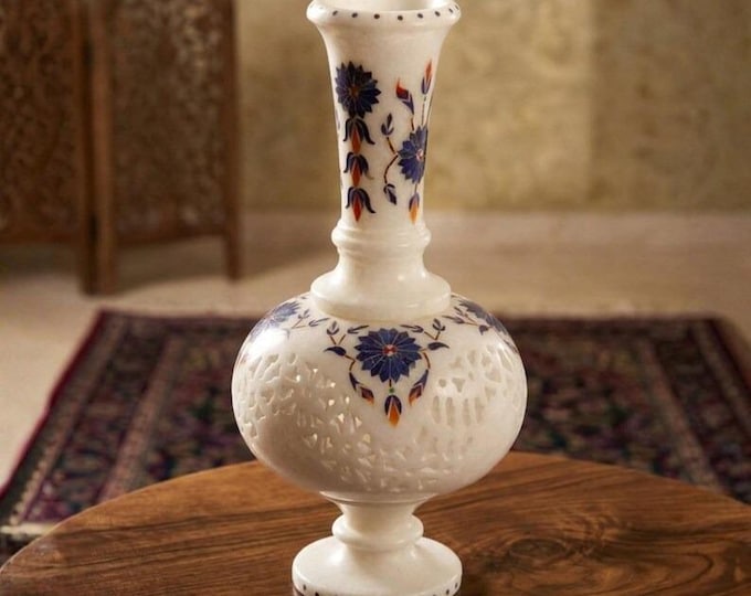 Handcrafted White Marble Vase | Stone Inlay Decorative Vase