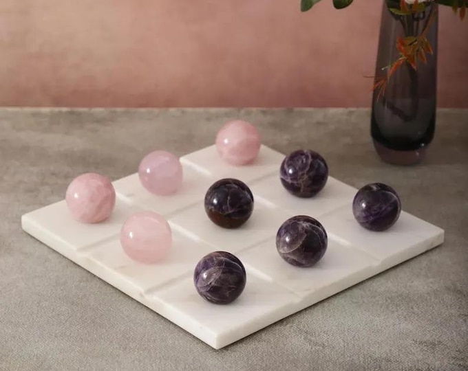 White Marble Tic-Tac-Toe Set with Amethyst and Rose Quartz Gemstone Spheres