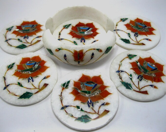 Set of 6 Handcrafted Marble Inlay Floral Coasters with Stand
