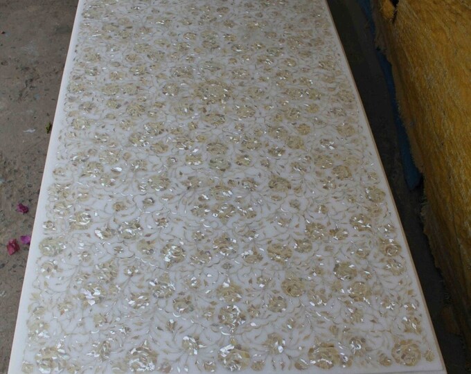 Marble Dining Table Top with Mother of Pearl Stone Inlay Work Table Floral Design