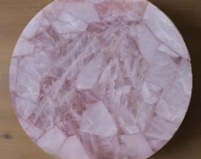 Handmade Rose Quartz Table Top: Gemstone Centerpiece, Inlaid Semiprecious Stones