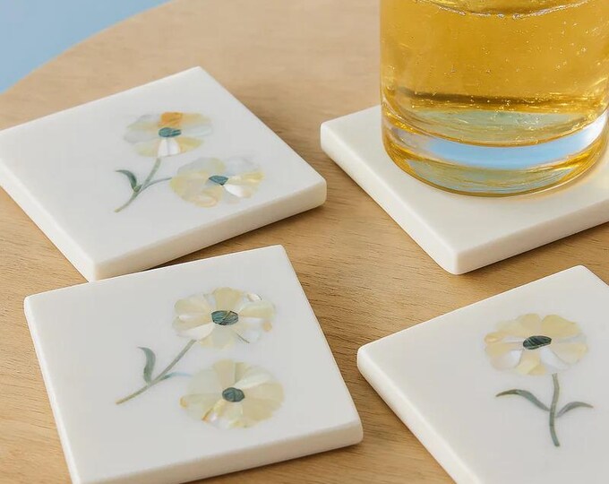 Handcrafted Marble Inlay Coaster Set | Floral Mother of Pearl Pietra Dura Coasters