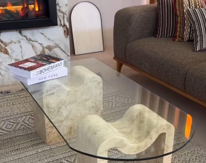Handmade Travertine & Glass Wave Coffee Table – Mid-Century Modern Minimalist Furniture