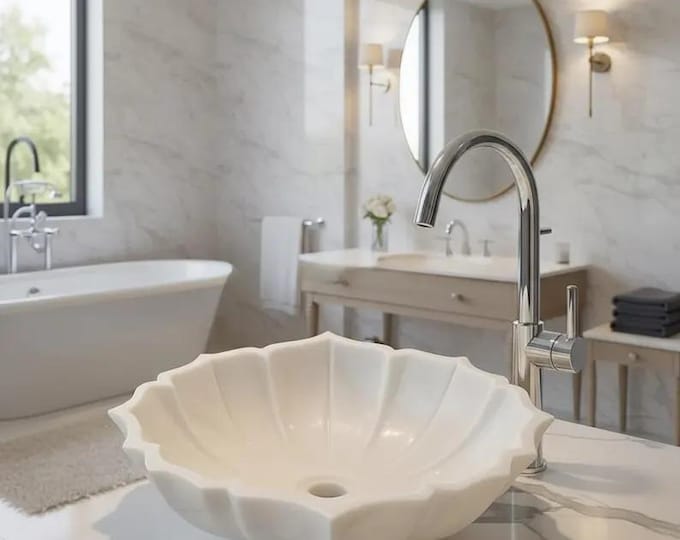 Handcrafted White Marble Sink – Fluted Round Vessel Basin