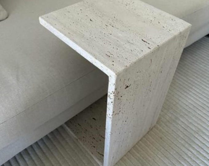 Handmade Travertine Marble Side Table: Modern C-Shape Coffee Table