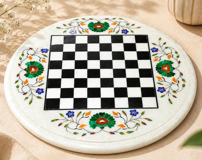 Handmade Marble Chess Board | Round Floral Inlay Chessboard | Gift for Chess Lovers
