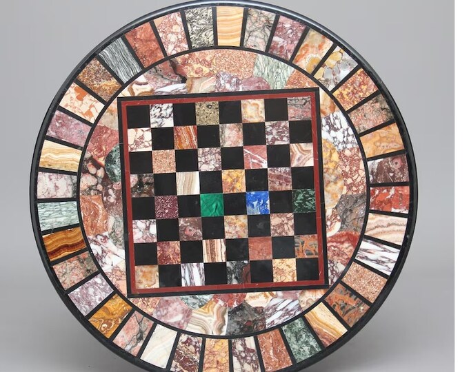 Marble Chess Table Top Semi Precious Stone Inlay Handmade Pietra Dura Art