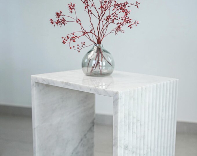 Minimalist White Marble Side Table | Modern Stone Pedestal Table