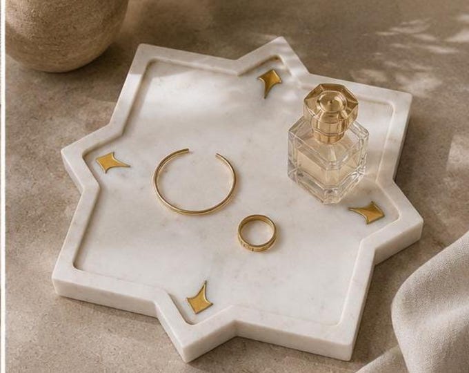 Star Shape White Stone Vanity Tray with Brass Inlay – Modern Home Décor
