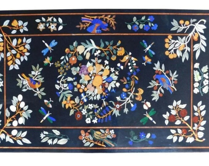 Black Marble Center Table Top Multi Color Semi Precious Stone Handmade Home Furniture Deco