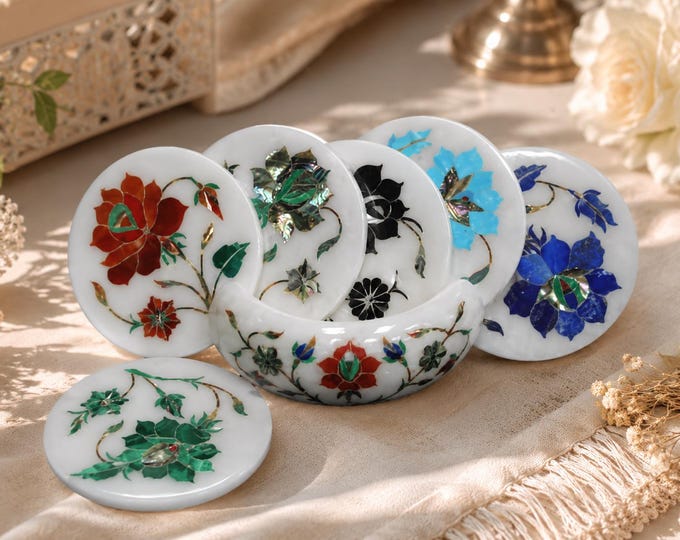 Handmade Marble Inlay Coaster Set with Holder – Luxury Table Decor