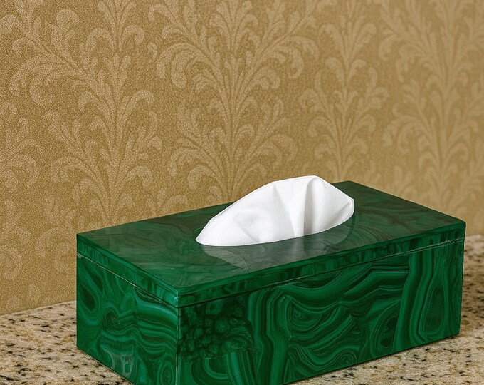 Malachite Tissue Box Cover – Green Stone Pattern Rectangular Tissue Holder – Elegant Bathroom & Home Decor