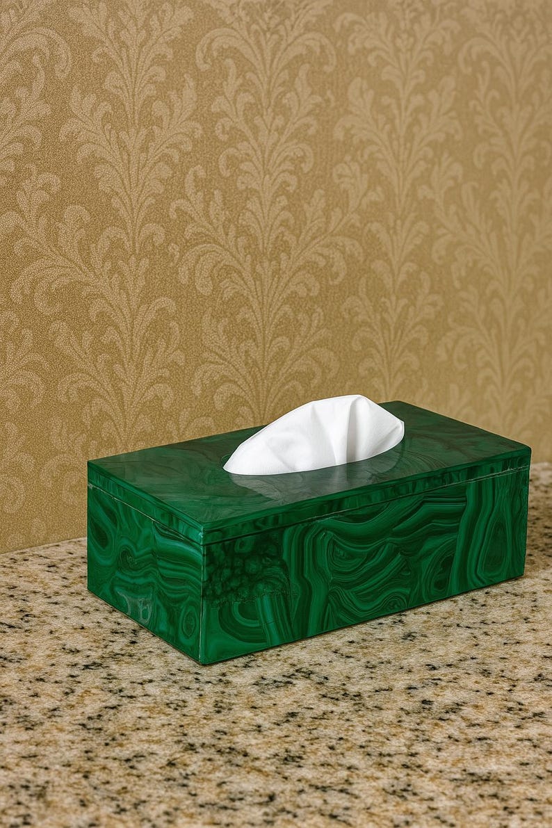 Green malachite-pattern rectangular tissue box cover with polished finish.