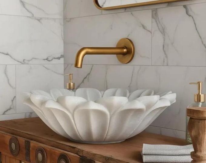 Hand-Carved Lotus Flower Vessel Sink, Sculptural Marble Bathroom Basin