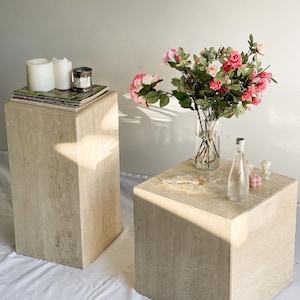 Travertine Marble Side Table Set of 2 – Handmade Natural Stone Pedestals | Minimalist End Tables for Modern Interiors