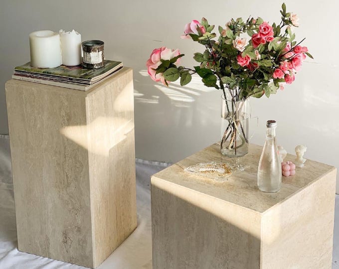 Handcrafted Travertine Pedestal Tables – Natural Stone Cube Plinths for Modern Interiors