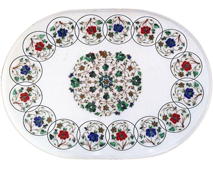 Oval Marble Table Top: Semiprecious Stone Inlay, Handmade Pietra Dura Art