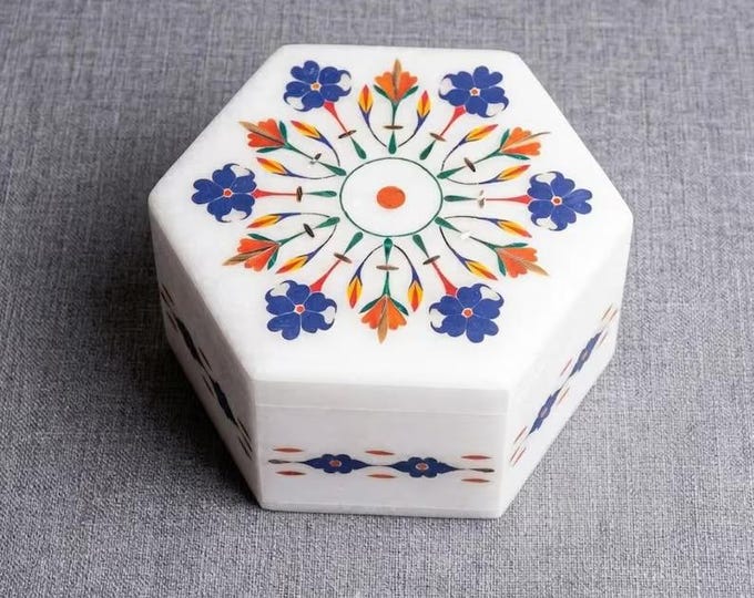 Hexagon White Marble Keepsake Box, Floral Inlay Trinket Box