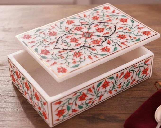 Artisan Handcrafted Pietra Dura Inlay White Marble Box