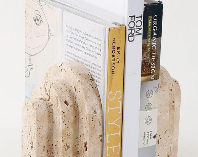 Travertine Book Holder Bookend – Natural Stone Arch Minimalist Shelf Decor