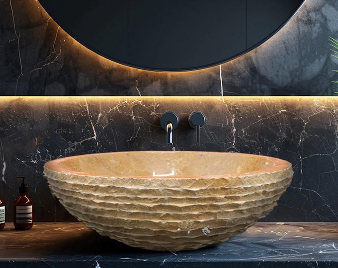 Custom order Polished Dark yellow Marble Sink – Handmade Natural Stone Bathroom Basin Luxury Polished Dark yellow Marble Vanity Sink