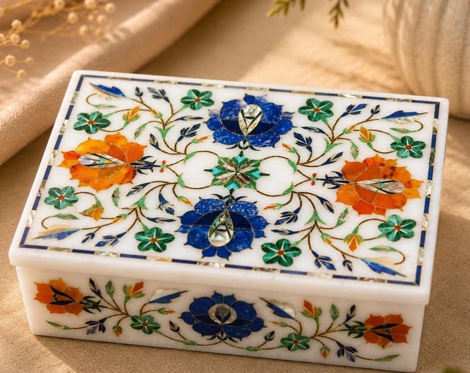 White Marble Gemstone Inlay Trinket Box – Floral Design Storage (7x5 Inches)