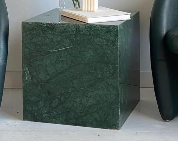 Green Marble Cube Side Table | Solid Stone Pedestal | Modern Accent Table