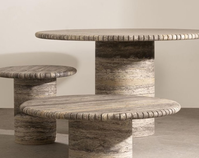 Handmade Silver Travertine Coffee Table: Round Modern Living Room Furniture