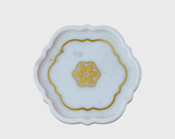 Handcrafted White Marble Tray | Brass Inlay Floral Design | Elegant Table Decor