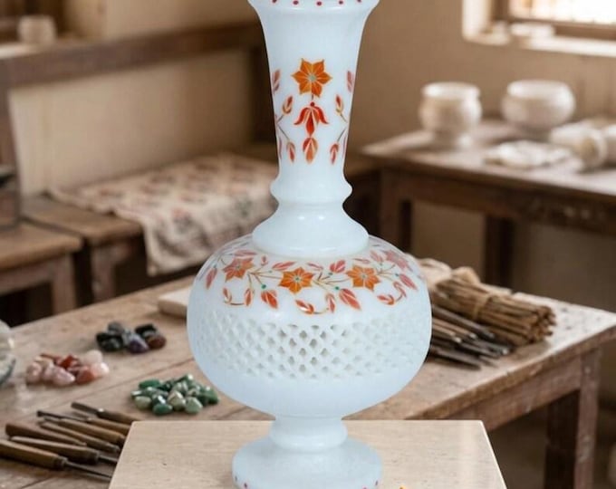 Marble Inlay Flower Vase | Handcrafted White Vase